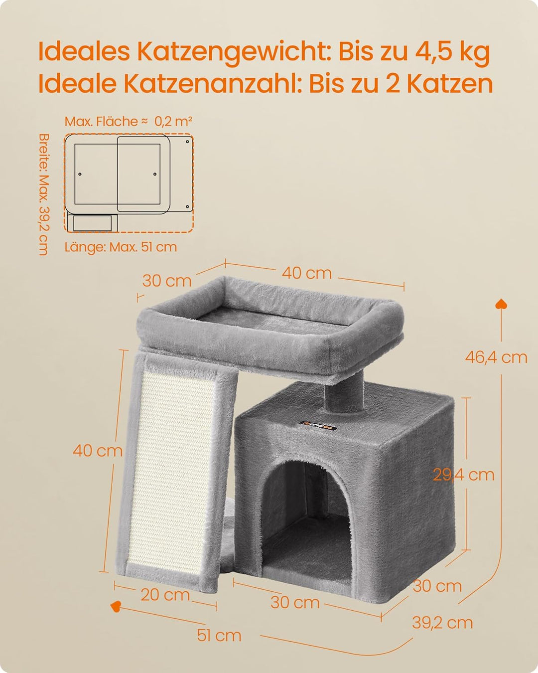 Feandrea Kratzbaum klein, Katzenbaum mit Kratzrampe und grosser Plattform, Katzenkratzbaum mit Höhle