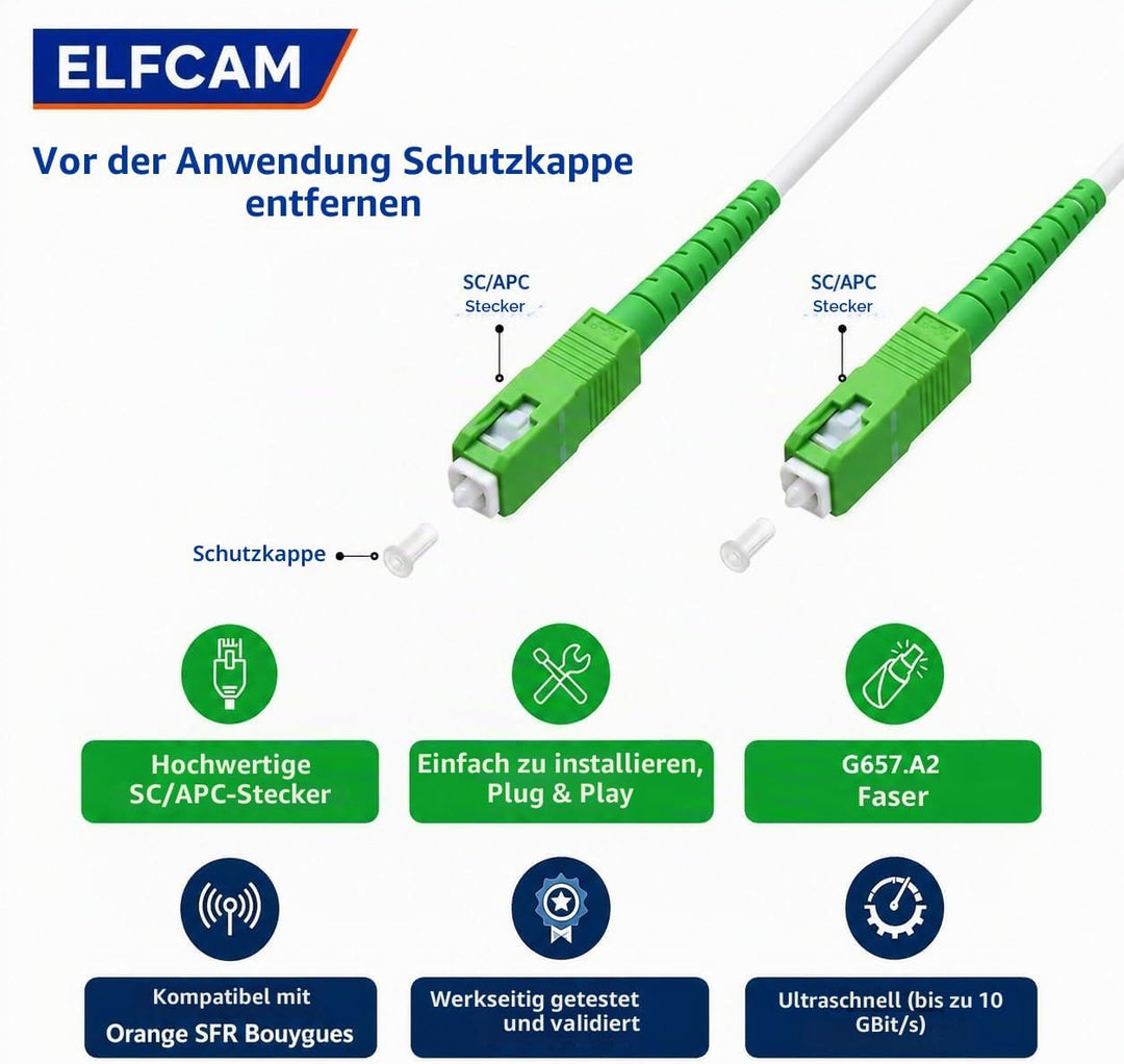 Elfcam® - 15m Glasfaserkabel SC/APC auf SC/APC Simplex Singlemode, Lieferung mit LWL Adapter, LWL ka