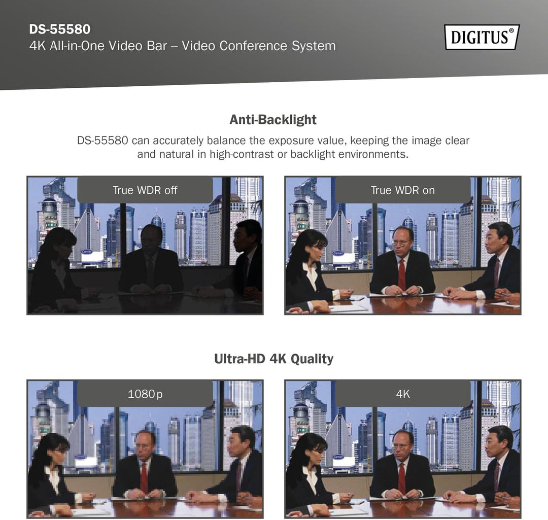 DIGITUS DS-55580 Video Bar Pro, Video-Konferenz-System – 4K UHD 30 Hz ePTZ Webcam Kamera – 1 Tischmi