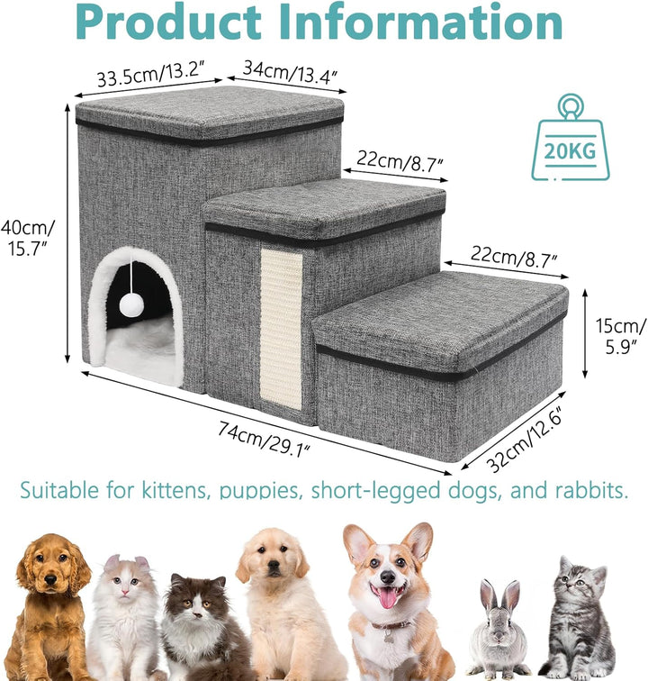 Newthinking Hundetreppe 3 Stufen mit Stauraum, rutschfeste & Faltbare Treppe für kleine Hunde, älter