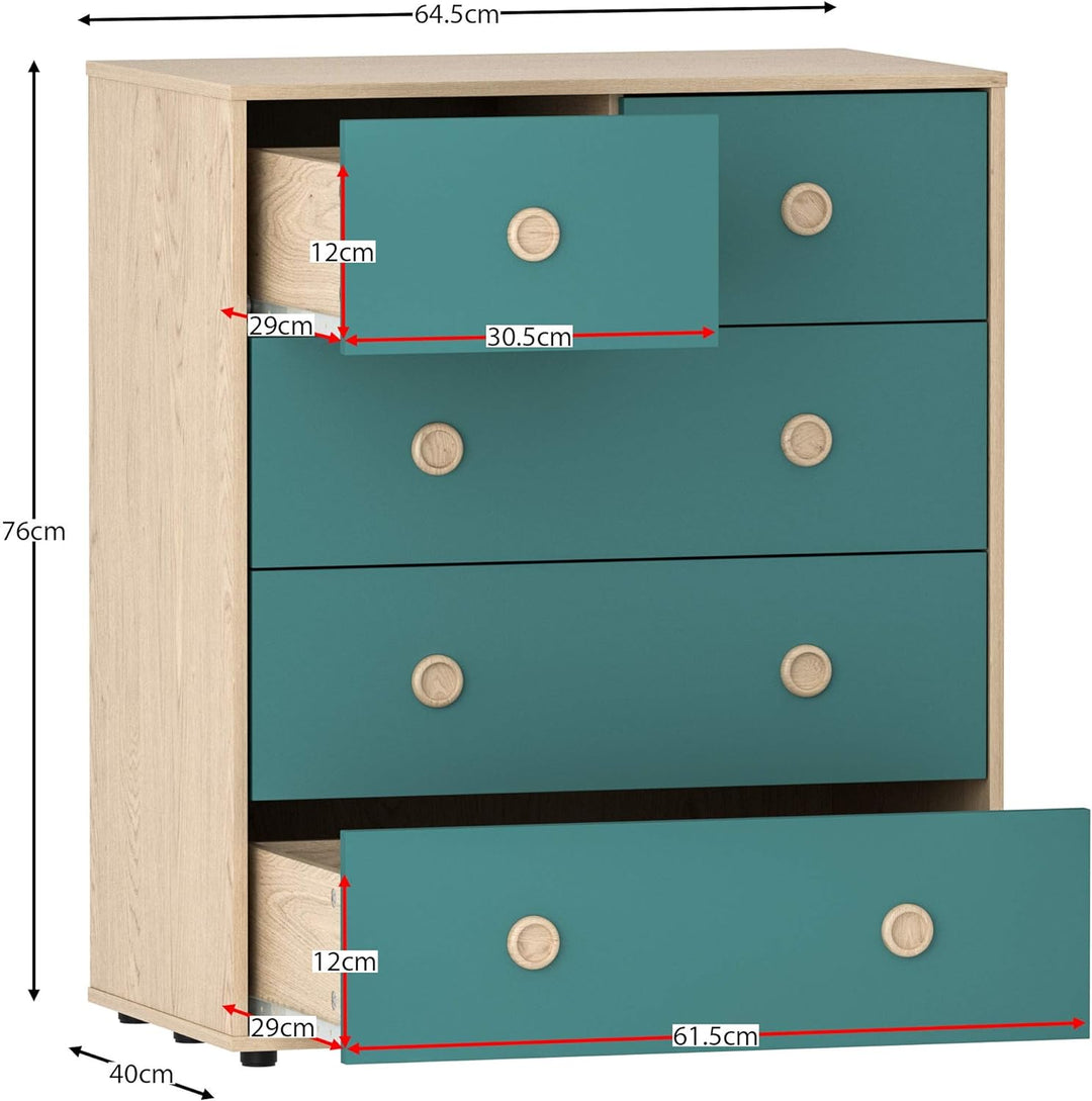 Junior Vida Neptune Kommode 5 Schublade Truhe Schlafzimmer Möbel Storage Blau & Eiche, Blau & Eiche