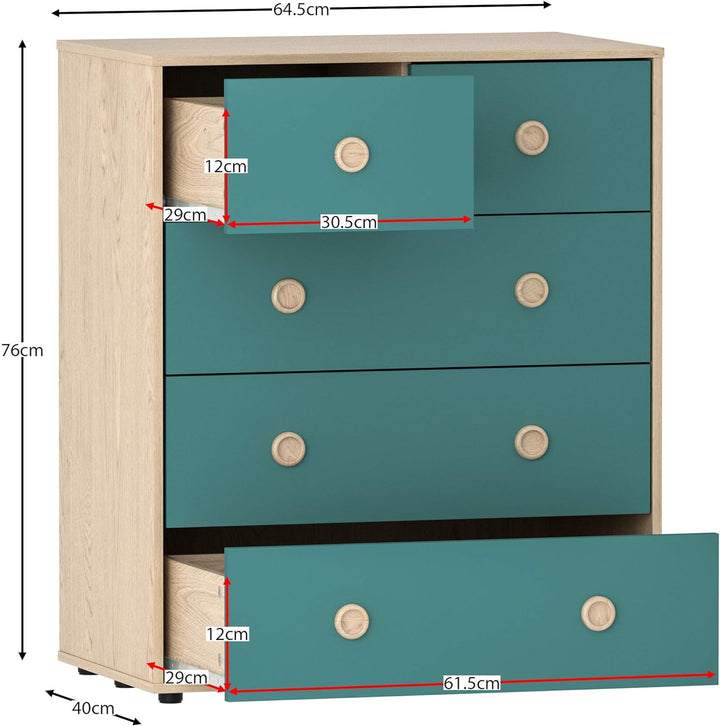 Junior Vida Neptune Kommode 5 Schublade Truhe Schlafzimmer Möbel Storage Blau & Eiche, Blau & Eiche