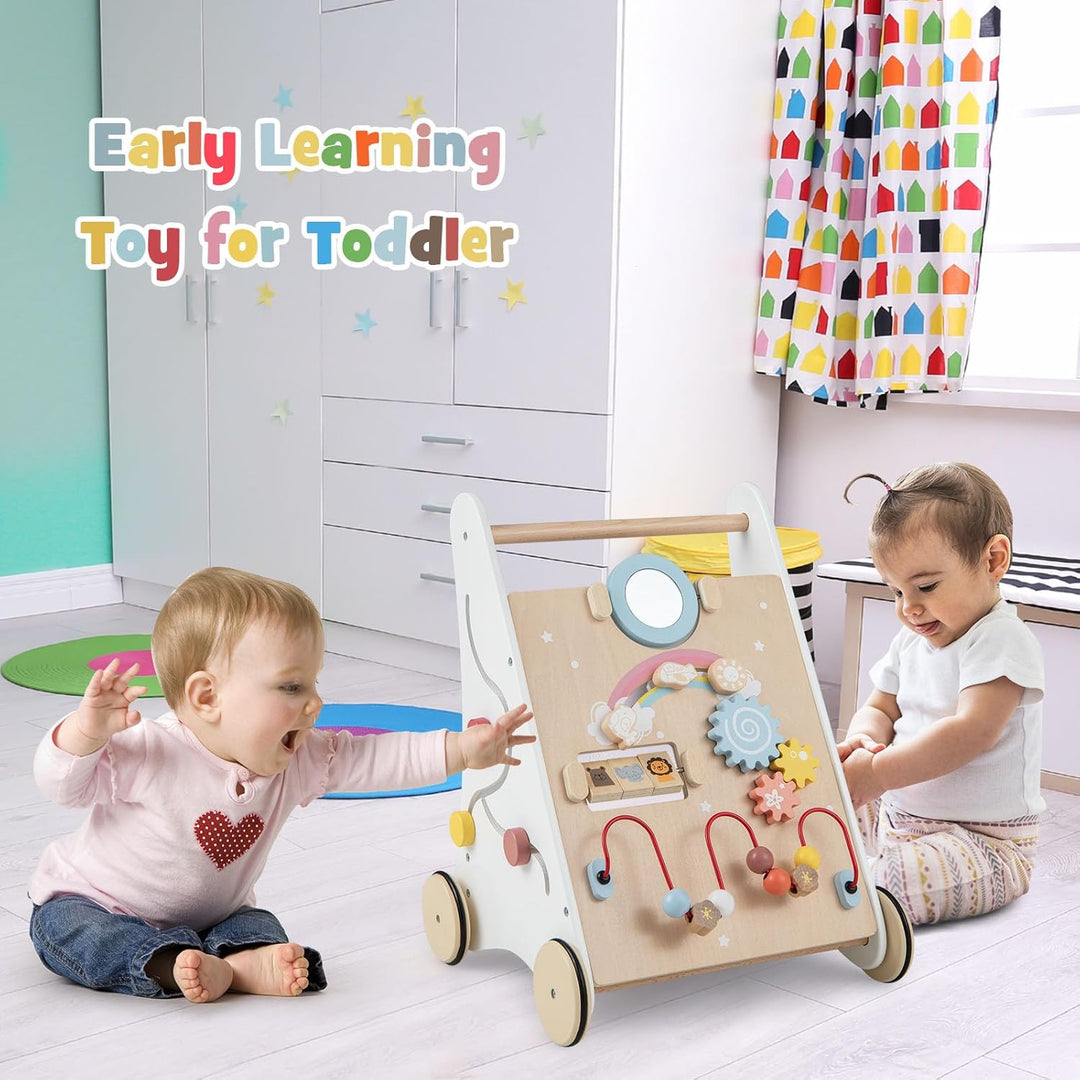 DREAMADE Lauflernwagen Holz, Lauflernhilfe ab 1 Jahr, Baby Gehhilfe mit Spiegel & Spielzeug, Gehfrei
