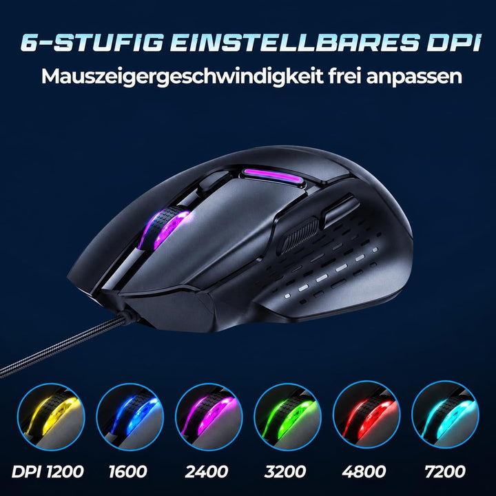 Uineer Kabel-Gaming-Maus, 12800 DPI Maus mit Gaming-Sensor, 6 programmierbare Tasten, 1000 Hz Pollin