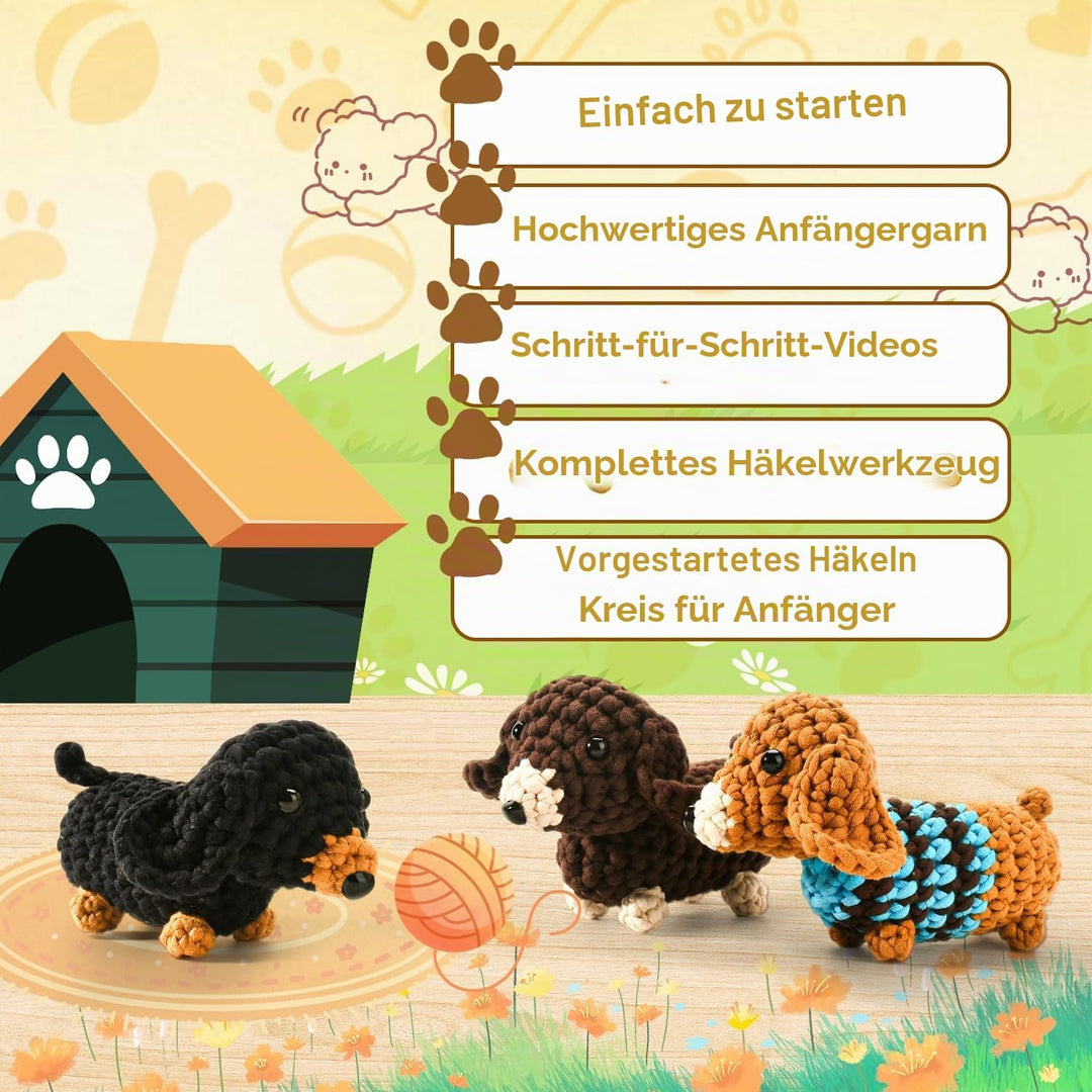 Häkelset für Anfänger, Amigurumi Dachshund Häkelset Tiere Crochet Kit, Alles in Einem Häkeln für Anf