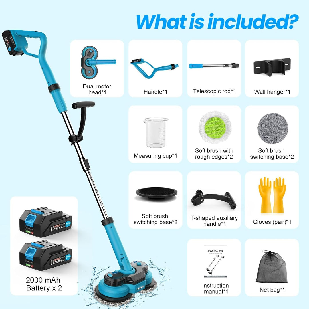 Elektrischer Mopp mit 2x2000 mAh Akkus, Bodenreiniger Spin Mop, Bodenwischer Elektrisch Kabellos, Wi