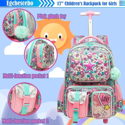 Egchescebo Kinder Rolling Rucksack für Mädchen Pentagramm Koffer Trolley Roller Gepäck Rucksäcke auf