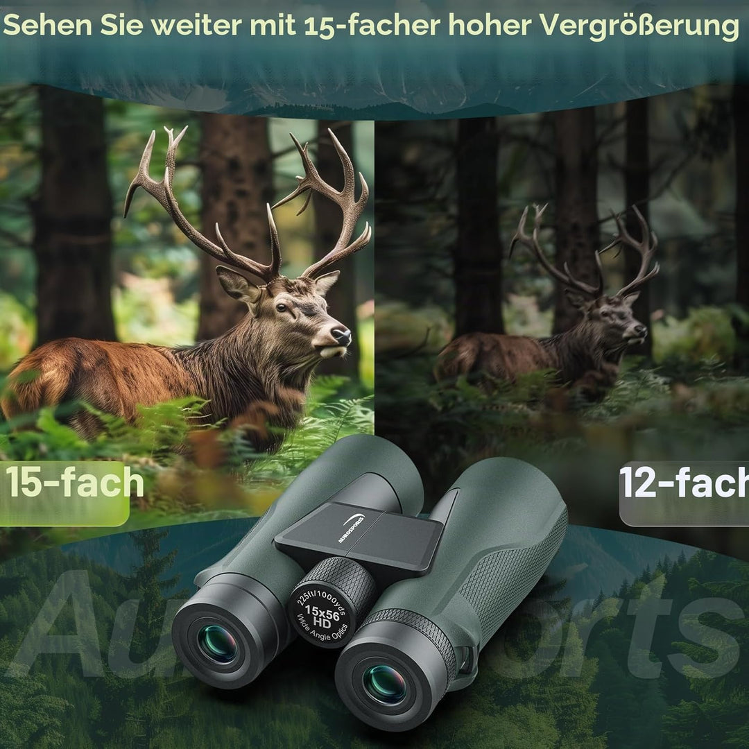 15x56 HD Fernglas Erwachsene - Aurosports Large View Fernglas mit klaren Low Light Vision - Leichtge