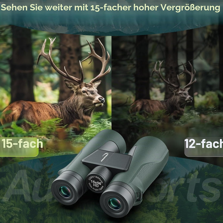 15x56 HD Fernglas Erwachsene - Aurosports Large View Fernglas mit klaren Low Light Vision - Leichtge