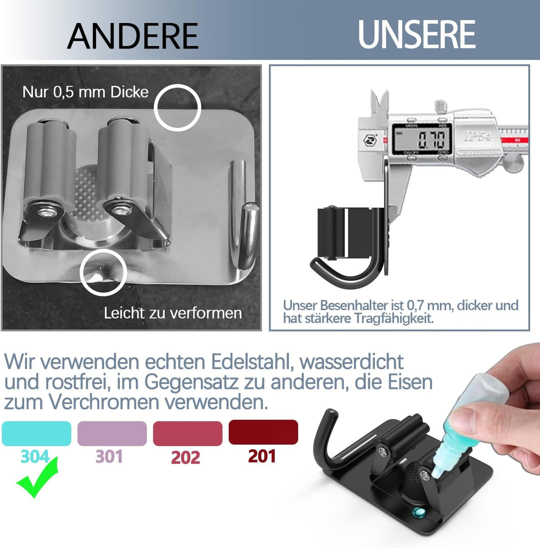 3-H Besenhalterung Wand Selbstklebend, 6 Stück Gerätehalter Besenhalter ohne Bohren, Edelstahl Besen