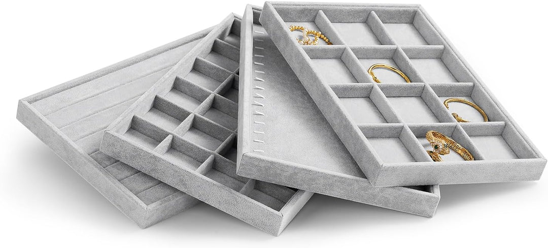 Oirlv Grau Samt 24 Gitter Schmucktablett,Schmuckaufbewahrung Schublade Schmuck Organizer Tablett Rin