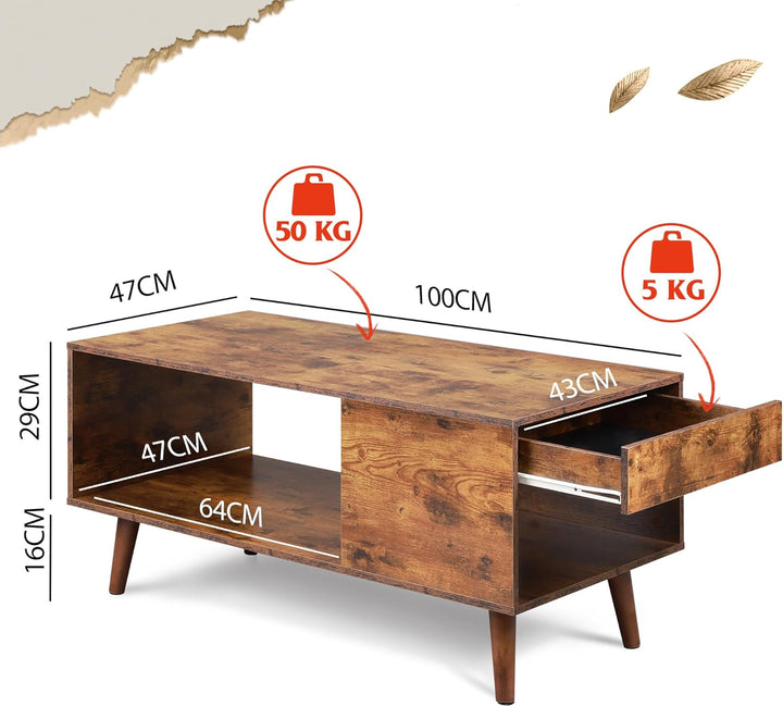 WLIVE Couchtisch Holz, Wohnzimmertisch mit Schubladen und Aufbewahrung,Wohnzimmer Tisch für Couch, S