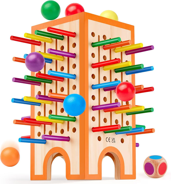 Montessori Spiel Brettspiel aus Holz, 42 Bunte Holzstäbchen &amp; 12 Bälle Kinderspiele ab 3 4 5 6 Jahre