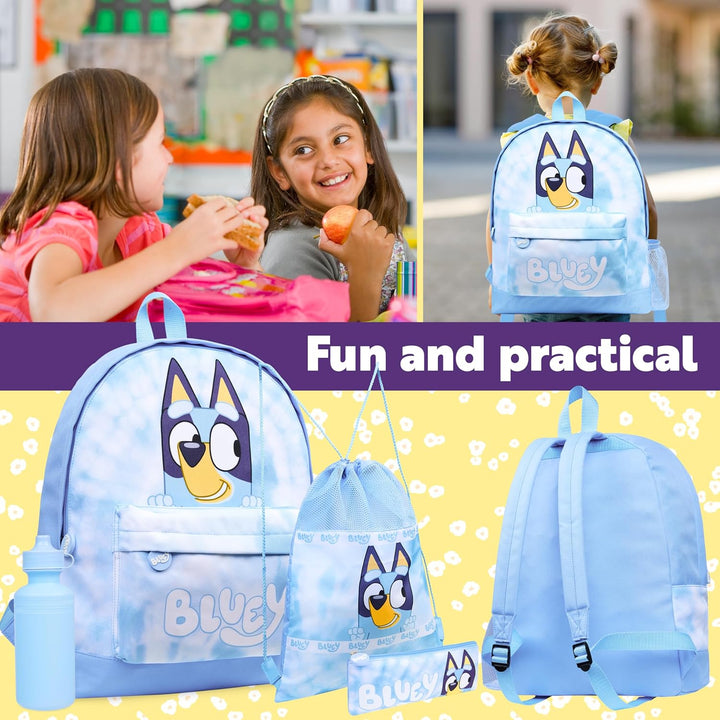 BlueY Rucksack Kinder Set 4 Teilig Trinkflasche Federmäppchen Lunchtasche oder Turnbeutel Kinder für