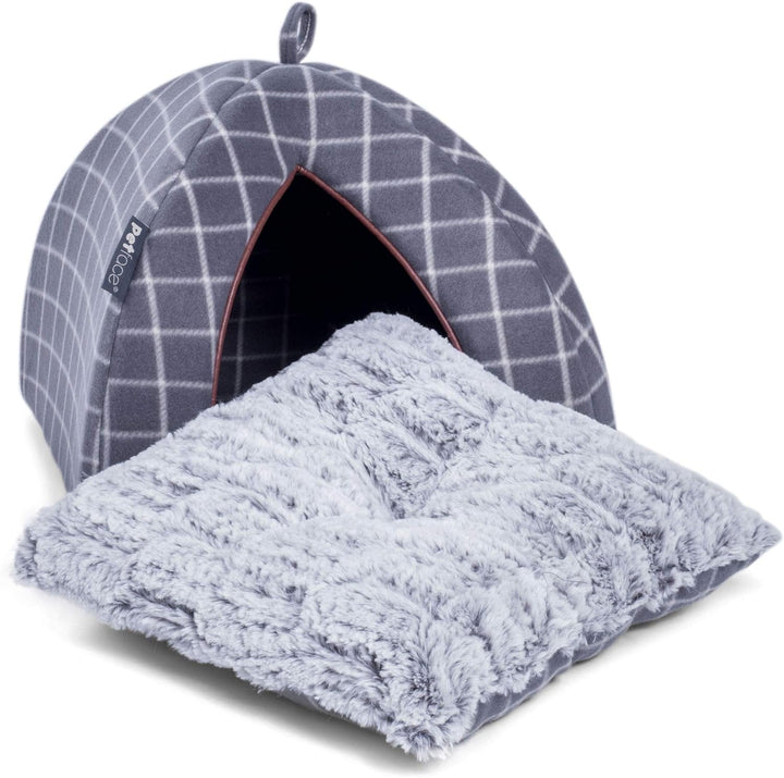 Petface Graues Iglu-Körbchen aus Fleece mit Karos Fensterscheibe Karo Grau, Fensterscheibe Karo Grau