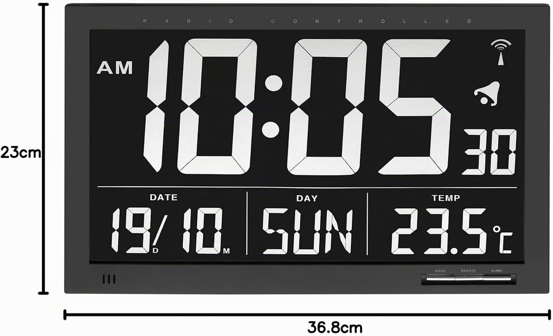 TFA Dostmann Digitale XL Funkuhr, Wanduhr,60.4505, mit Temperatur, 24h Anzeige, gross, schwarz, L 36