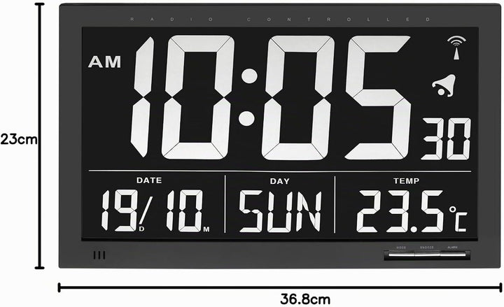 TFA Dostmann Digitale XL Funkuhr, Wanduhr,60.4505, mit Temperatur, 24h Anzeige, gross, schwarz, L 36