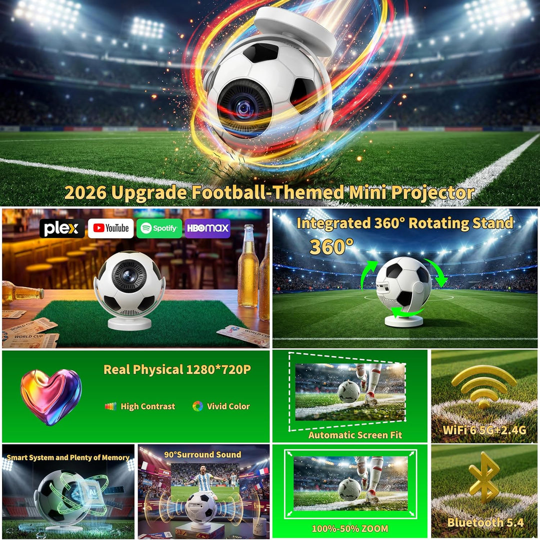 Mini Beamer 4K 1280P, 2026 Upgraded Football Style Projector with WiFi 6 and Bluetooth 5.4, Auto Key