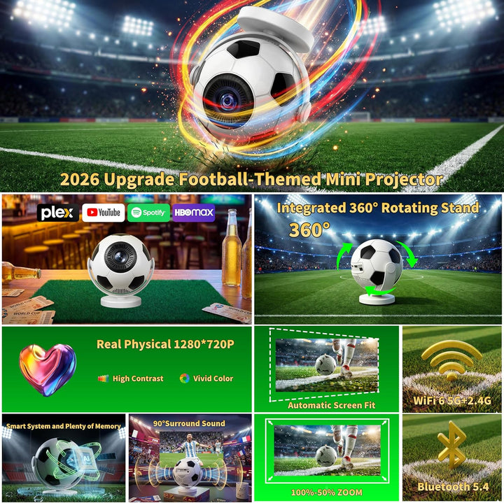 Mini Beamer 4K 1280P, 2026 Upgraded Football Style Projector with WiFi 6 and Bluetooth 5.4, Auto Key