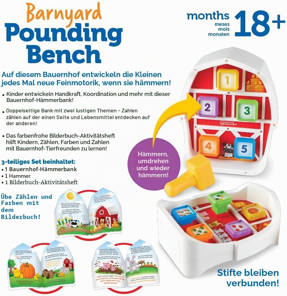Learning Resources Bauernhof Werkbank, 3 Stück, ab 18 Monate, Spielzeug zum Hämmern & Nageln, Vorsch