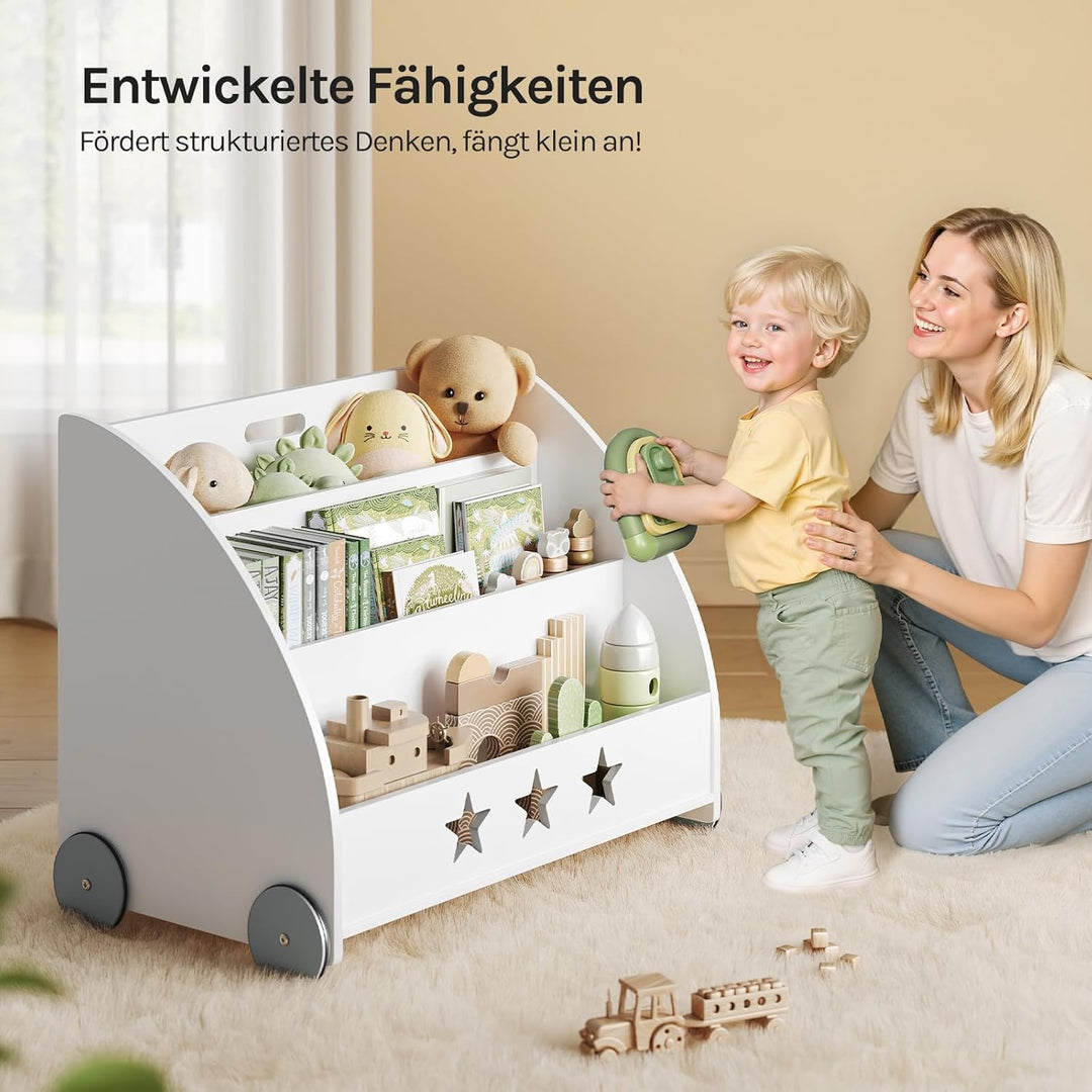 WOLTU KR002 Kinderregal Bücherregal für Kinder, Spielzeugregal mit Räder 3 Regale , Holz Standregal