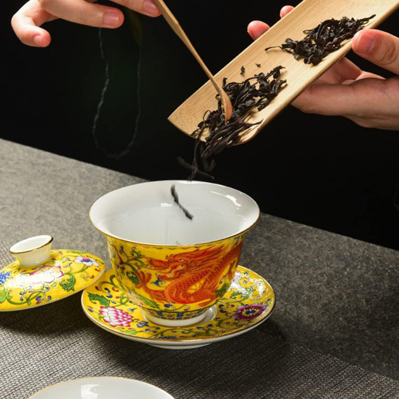 Emaille-Teetasse mit Deckel und Untertasse, Motiv: gelber Drache, traditionelles chinesisches Gaiwan