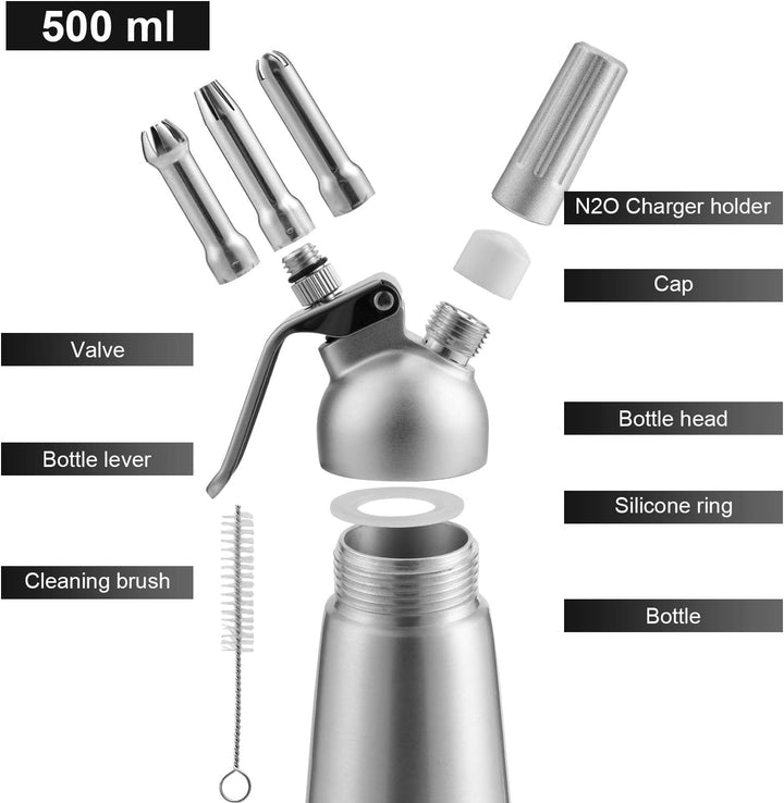 Yakimz Sahnespender Aluminium/Edelstahl Sahnesyphon, 0,5 L Mit 3 Edelstahl Deko-Düsen und Reinigungb