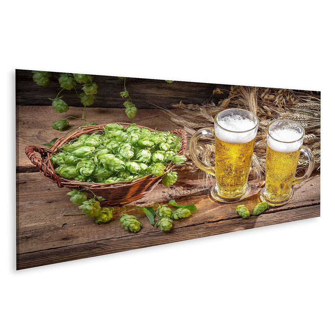bilderfelix® Kaltes Bier umgeben von Hopfenkegeln Wandbild Leinwandbild Poster DGR 120x40 Panorama,