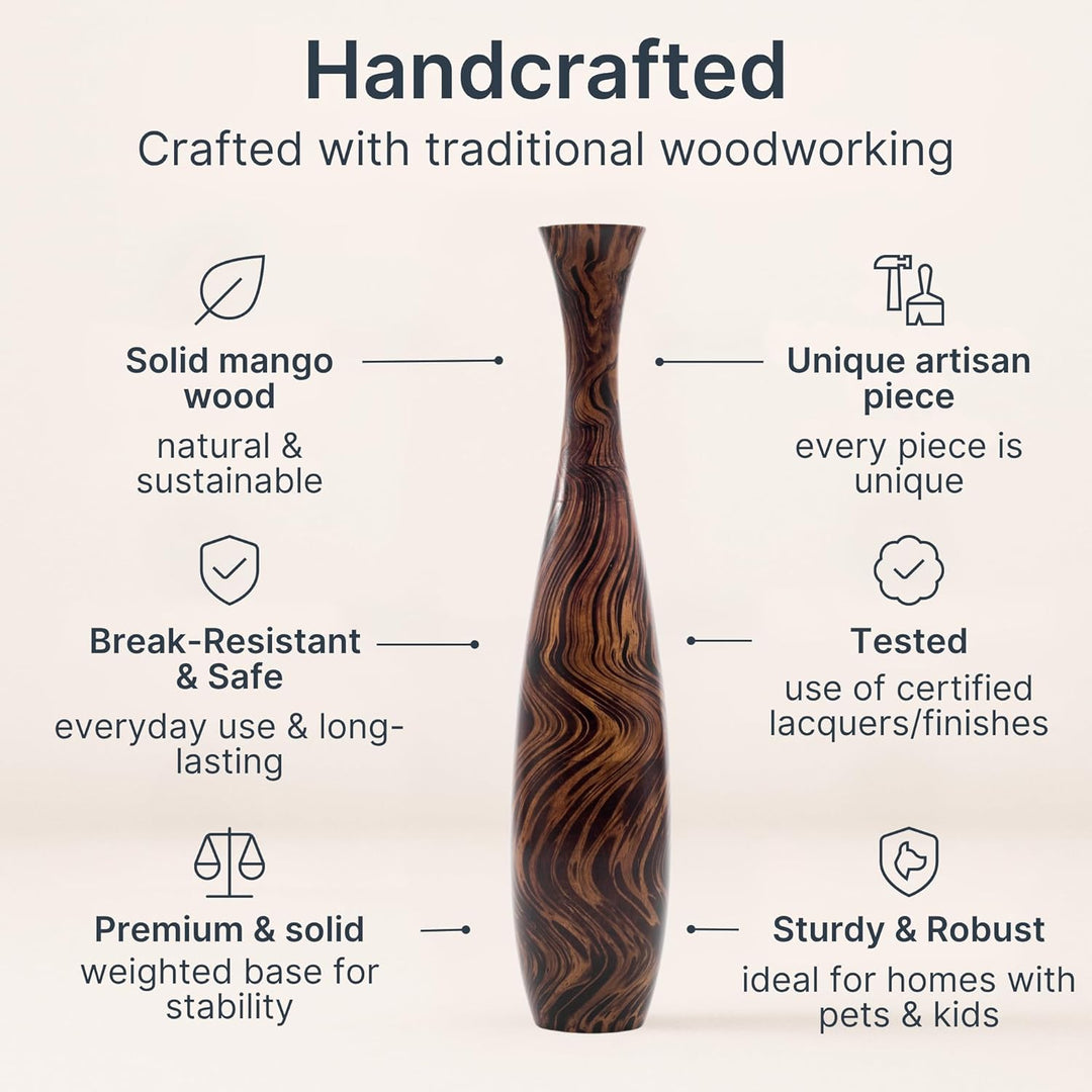 Leewadee Grosse Bodenvase für Dekozweige hohe Standvase Design Holzvase, Holz, 70 cm, Braun Hellbrau
