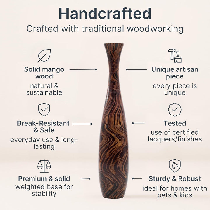 Leewadee Grosse Bodenvase für Dekozweige hohe Standvase Design Holzvase, Holz, 70 cm, Braun Hellbrau