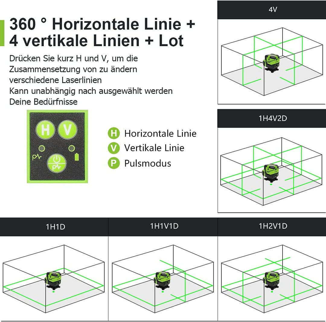 Huepar Multi-Linie Kreuzlinienlaser-4 Vertikale und eine 360° Horizontale Linien mit Lot, grünem Kre