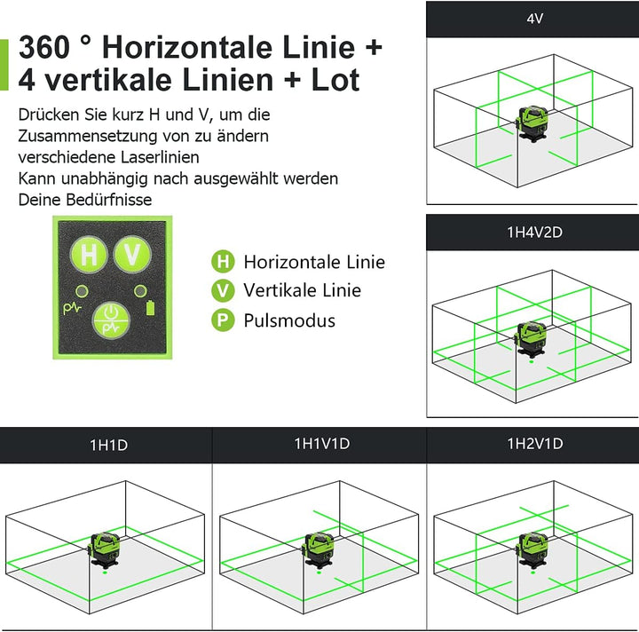 Huepar Multi-Linie Kreuzlinienlaser-4 Vertikale und eine 360° Horizontale Linien mit Lot, grünem Kre