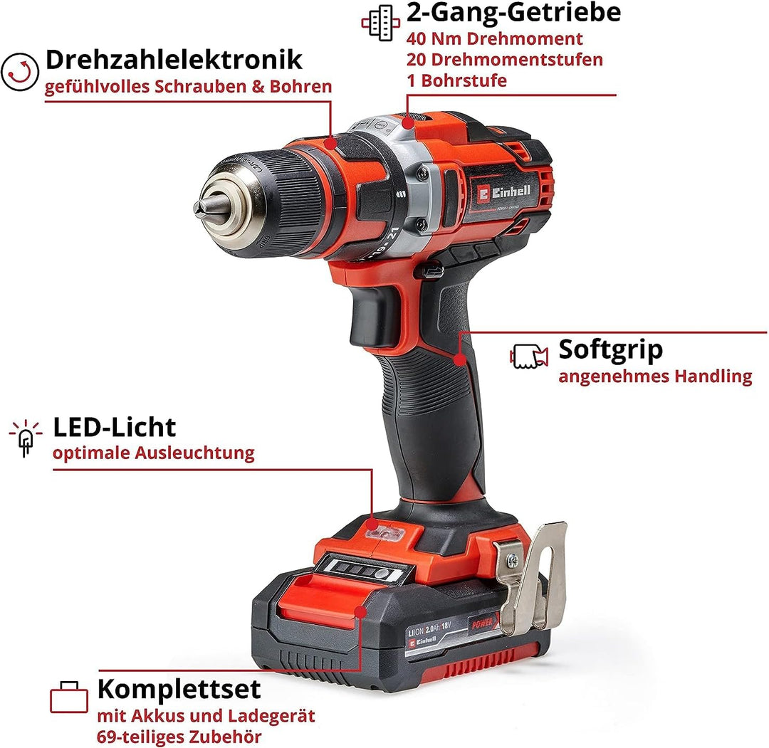Einhell Akku-Bohrschrauber-Set TE-CD 18/40 Li +69 (2x2,0 Ah) Power X-Change (Lithium Ionen, 2 Gang,