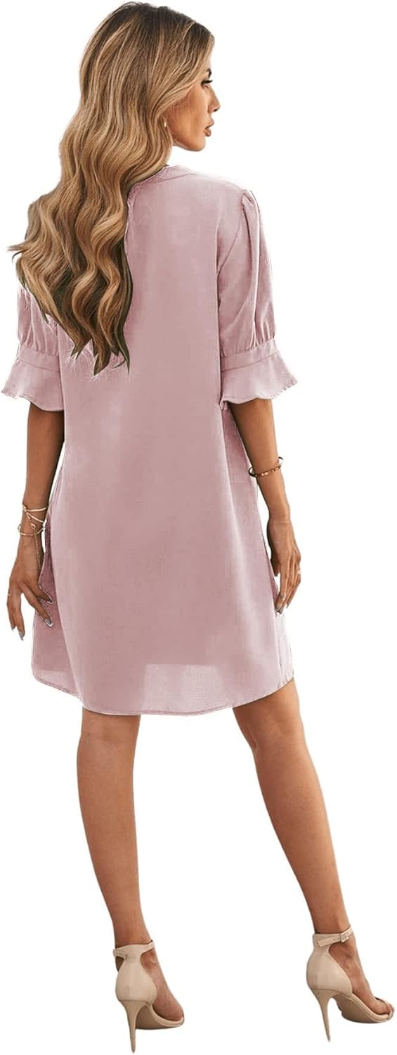 Famulily Frauen V-Ausschnitt Halbarm Hemdkleid Elegant Sommer Casual Einfarbig Kurzes Kleid S-XXL M