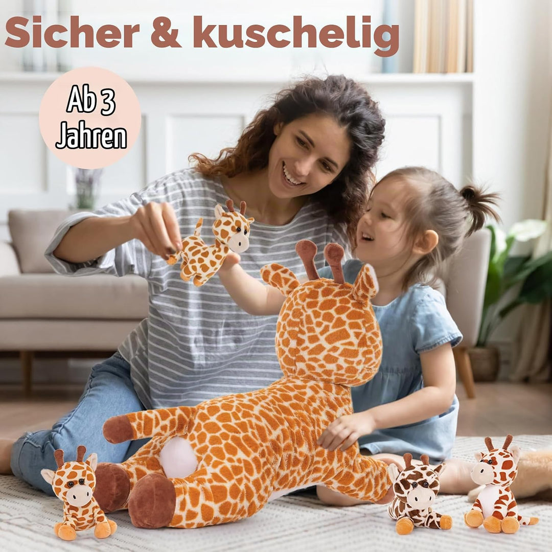 MorisMos 55cm lang riesen Giraffe Kuscheltier gross, Giraffe Stofftier XXL mit 4 Plüschbaby im Bauch