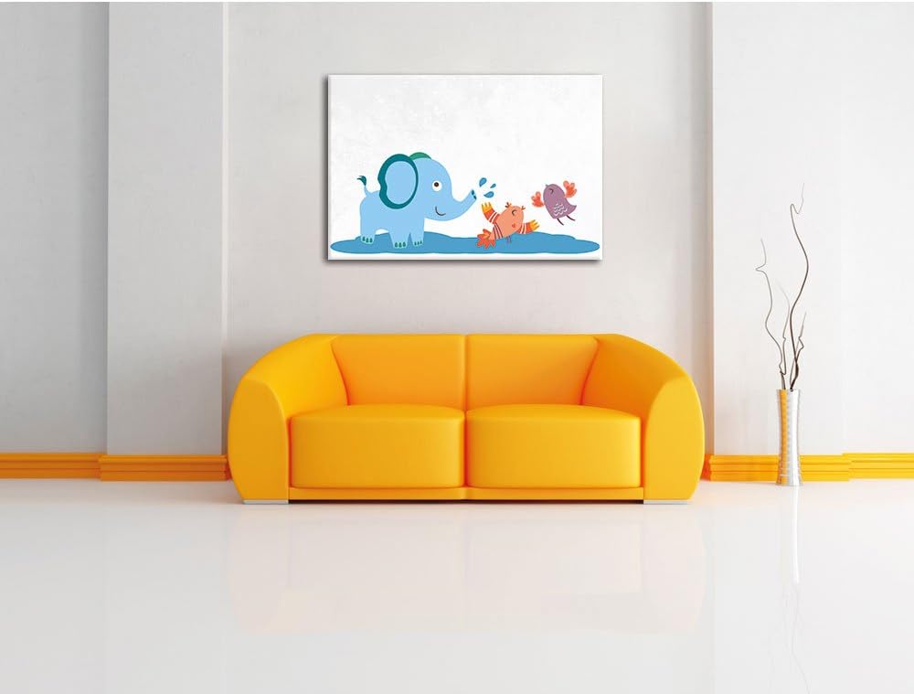 Pixxprint Elefant mit Vögeln als Leinwandbild/Grösse: 100x70 cm/Wandbild/Kunstdruck/fertig bespannt,