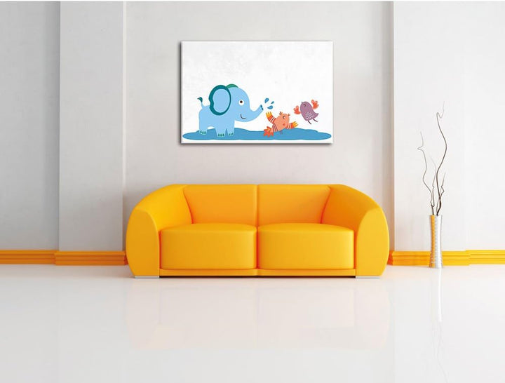 Pixxprint Elefant mit Vögeln als Leinwandbild/Grösse: 100x70 cm/Wandbild/Kunstdruck/fertig bespannt,