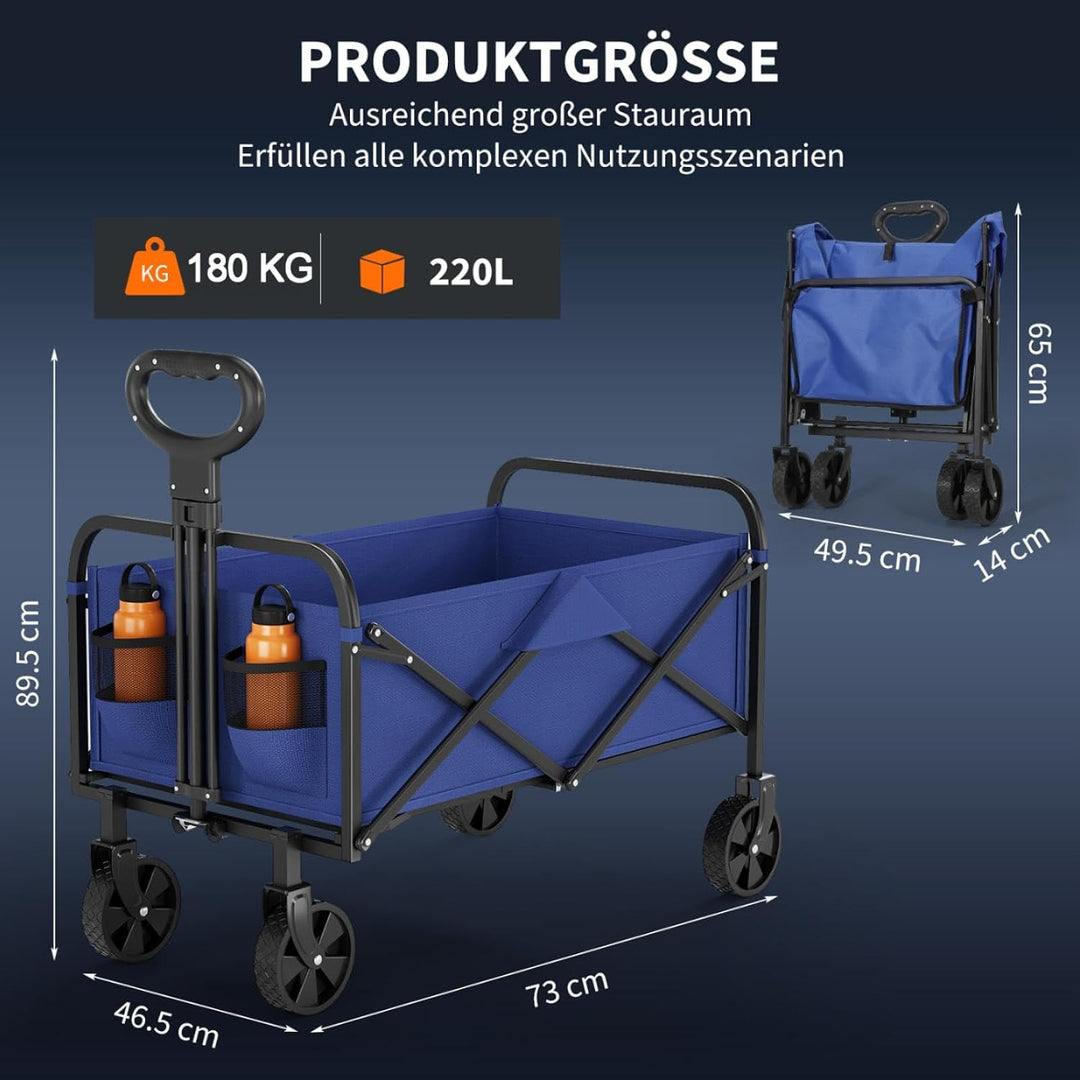 XXL Bollerwagen faltbar 220L, 180KG, Gartenwagen für alle gelände, Handwagen Stahlrahmen 600D Oxford