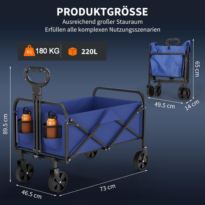 XXL Bollerwagen faltbar 220L, 180KG, Gartenwagen für alle gelände, Handwagen Stahlrahmen 600D Oxford