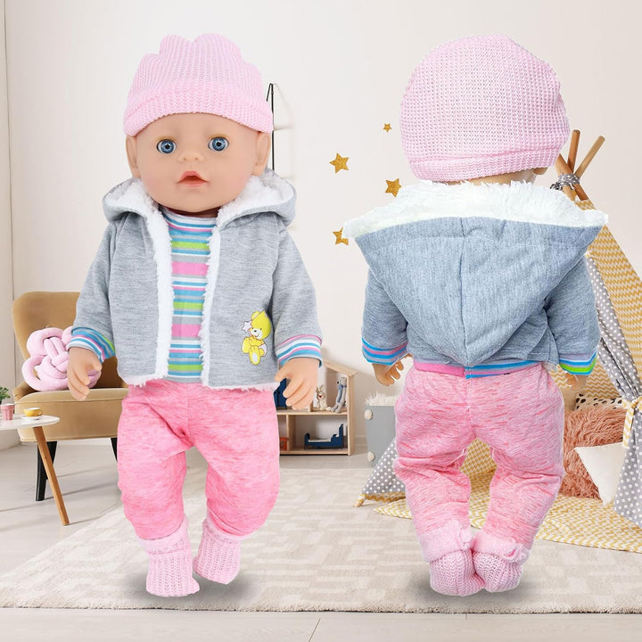 Baby Puppen Puppenkleidung 35-43 cm 1 graue Jacke + 1 gestreifter Pullover + 1 Strickmütze + 1 Paar