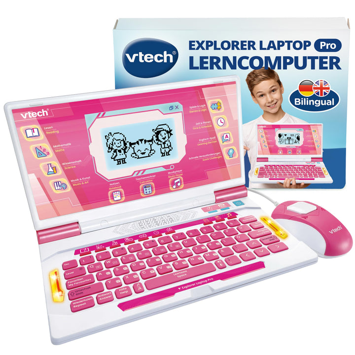 Vtech Explorer Laptop Pro Pink I Lernlaptop mit 164 Spielen I Bilingual Deutsch Englisch I 8 Lernkat