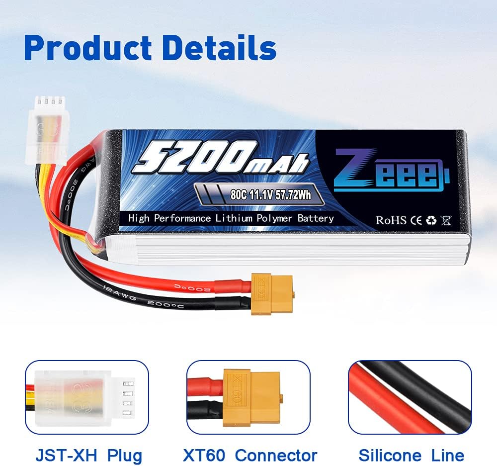 Zeee 3S LiPo Akku 5200mAh 11,1V 80C mit XT60 Steck für RC Auto, RC Flugzeug, RC Hubschrauber, RC Hob