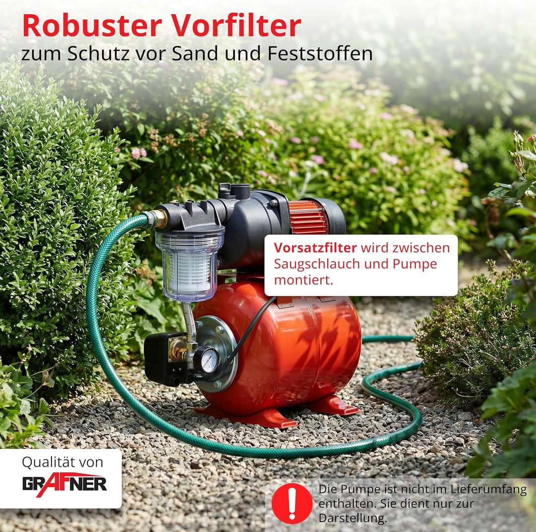 Grafner Vorfilter für Hauswasserwerke und Gartenpumpen, mit Filtereinsatz, platzsparende Ausführung,