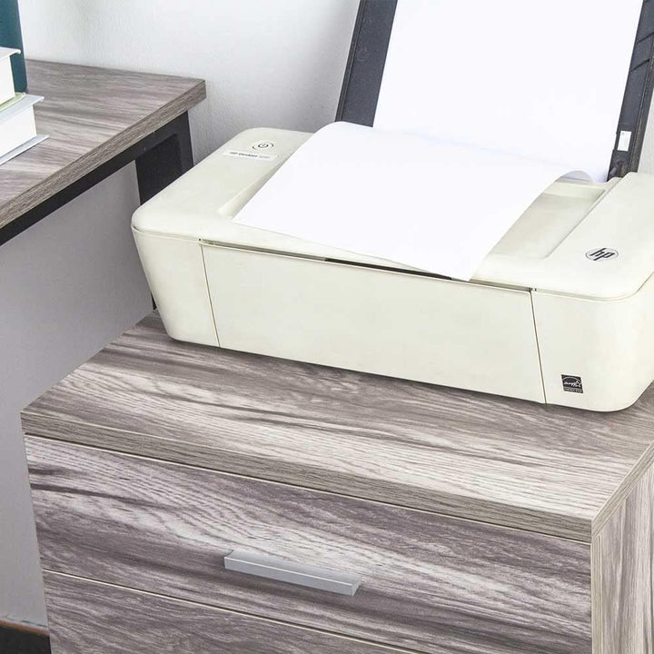 BAKAJI Kommode Schreibtisch Druckerschrank aus MDF-Holz mit 3 Schubladen und 4 drehbaren Rädern, mod