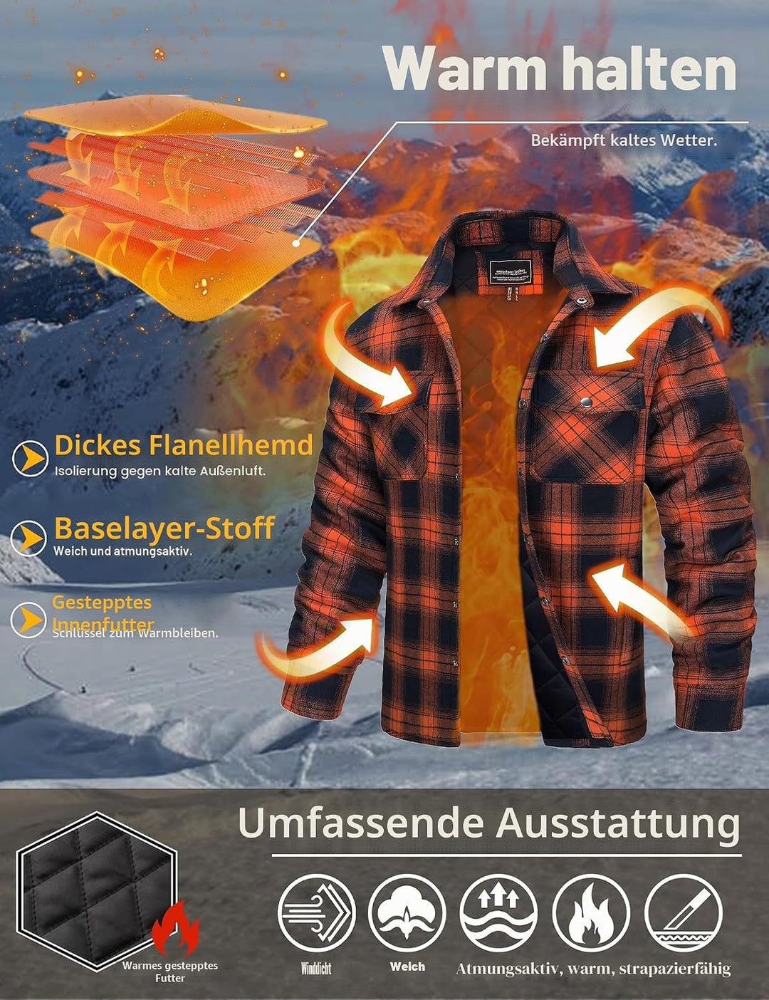 TACVASEN Herren Karierte Hemdjacke Flanellhemd Holzfällerhemd Thermohemd Jacke S Orange, S Orange
