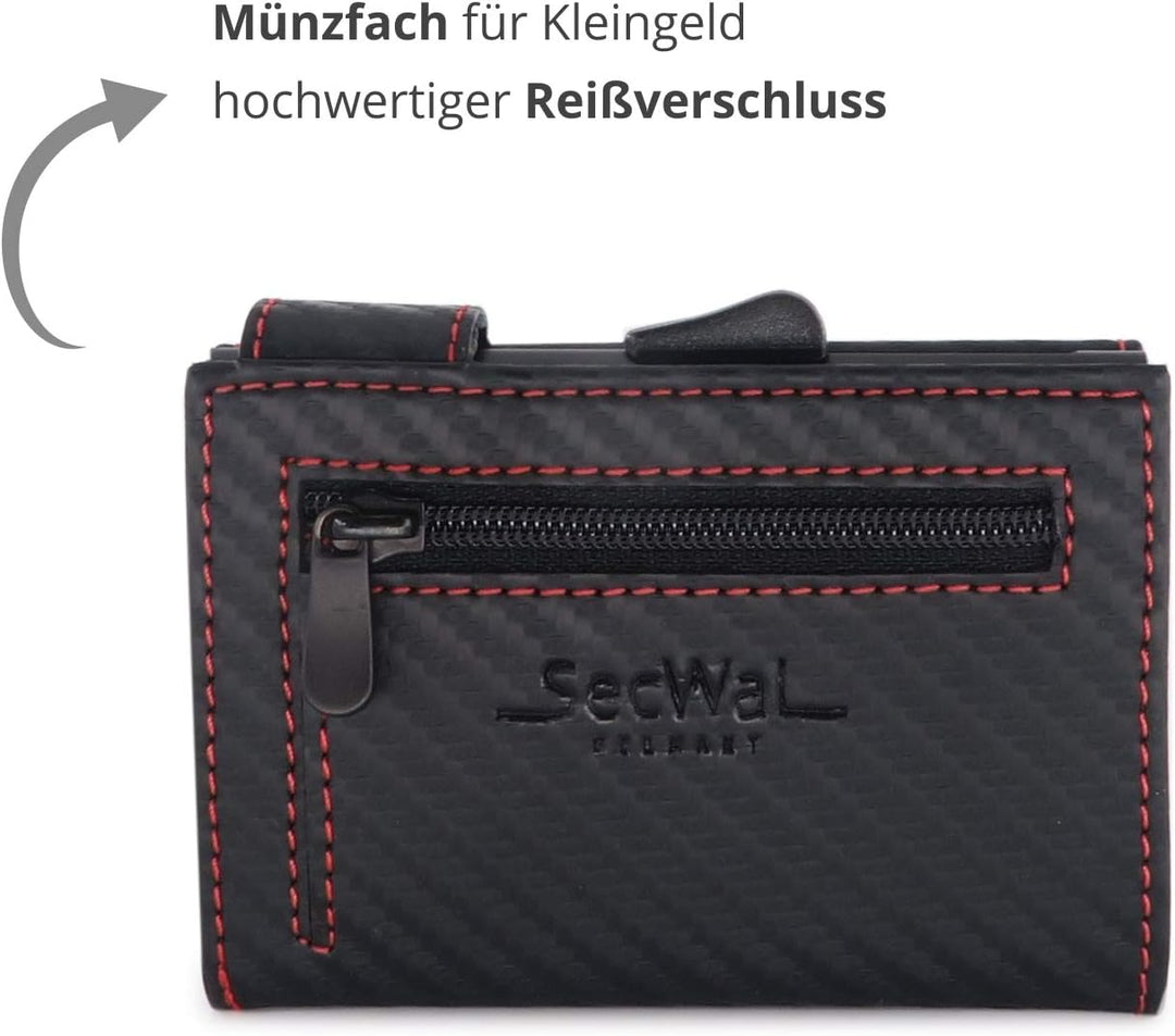 SecWal Kartenetui mit Münzfach Reissverschluss (Schwarz-Rot Carbon), Schwarz-rot Carbon