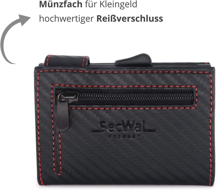 SecWal Kartenetui mit Münzfach Reissverschluss (Schwarz-Rot Carbon), Schwarz-rot Carbon
