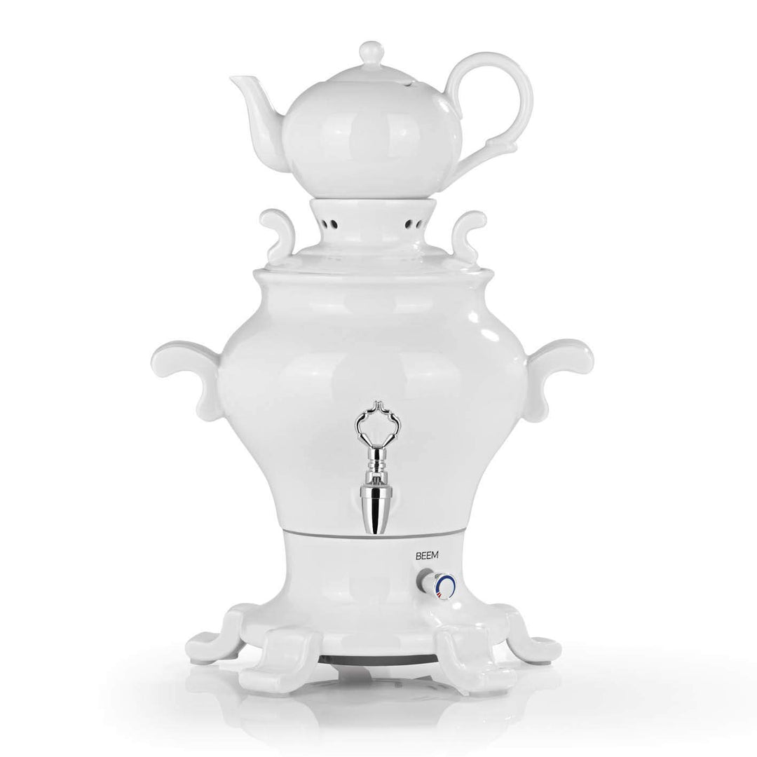 BEEM ODETTE BLANC Samowar - 5 l | Porzellan | 1800 W | 1 L Teekanne mit Sieb Edelstahl | 5 L Heisswa