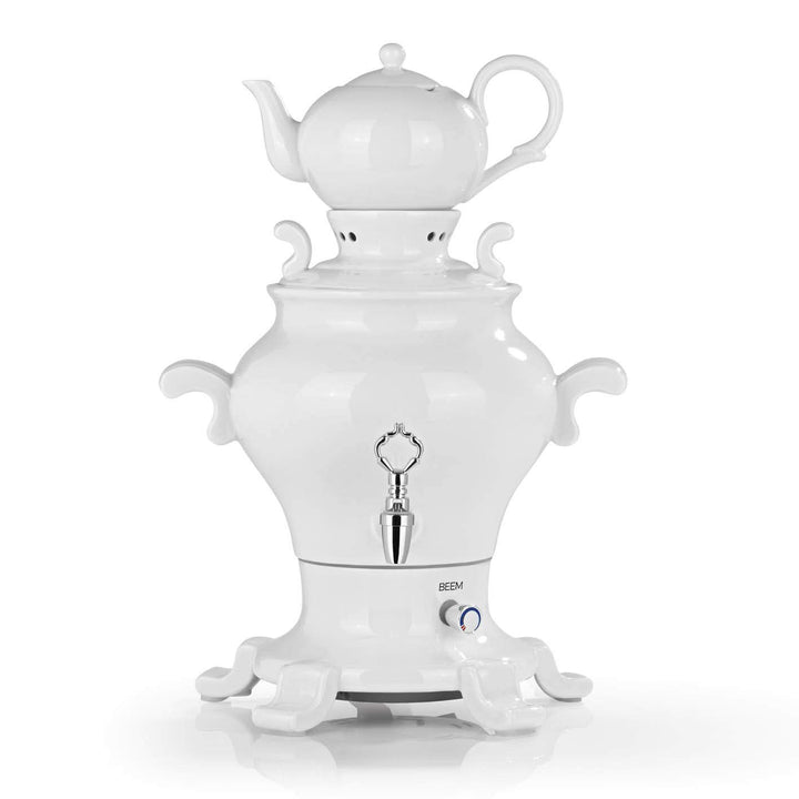 BEEM ODETTE BLANC Samowar - 5 l | Porzellan | 1800 W | 1 L Teekanne mit Sieb Edelstahl | 5 L Heisswa
