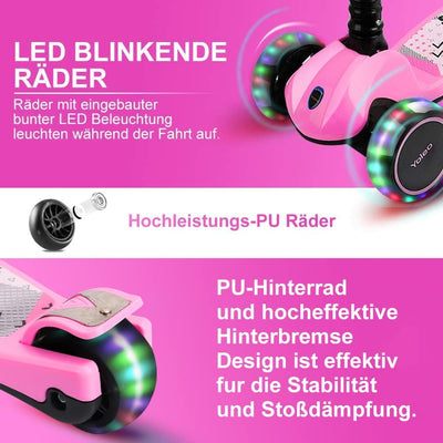 YOLEO Kinderoller Kinderscooter Dreiradscooter mit LED Räder, 2-Rädern Hinterbremsen,4 Höhenverstell